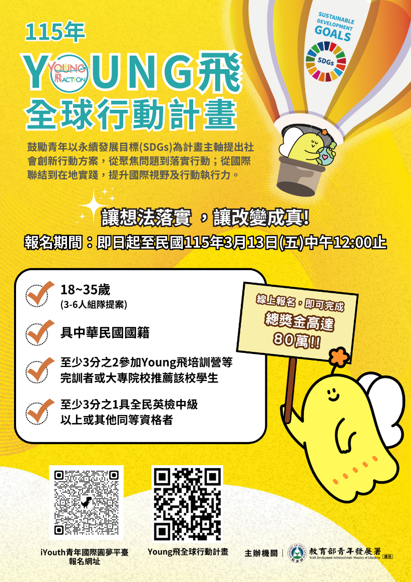 鼓勵青年社會創新 115年Young飛全球行動計畫開放提案申請  總獎金最高新臺幣80萬元